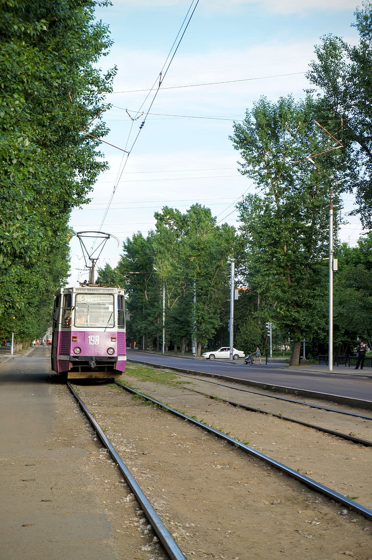 tram, rails de chemin de fer, ville, Novossibirsk, Russie