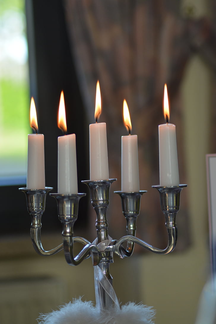 candles, candlestick, fire, flame, white, silver