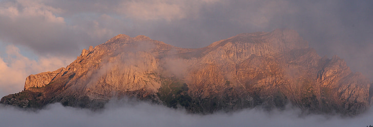 barcelonette, pôr do sol, 3 bicos, França, montanha, nevoeiro, nuvens