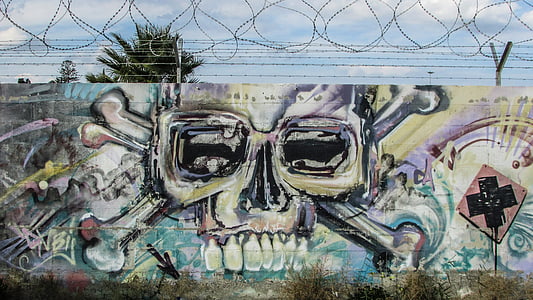 grafite, parede, urbana, adolescente, aviso, pulverizador