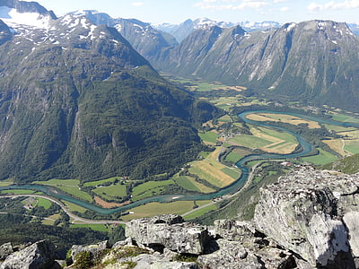 mountain, nature, valley, river, norway, from above