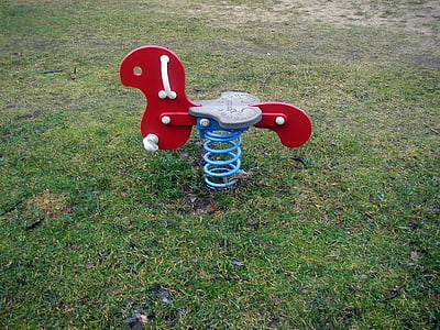 rocking horse, playground, game device, grass, outdoors