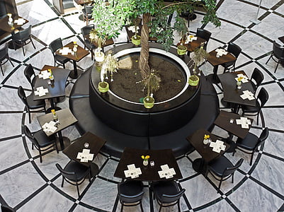 restaurant, table circle, mall, shopping centre, leather, tree, tiles