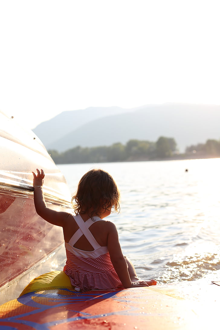 barco, Lago, criança, Verão, água, pacífica, ensolarado