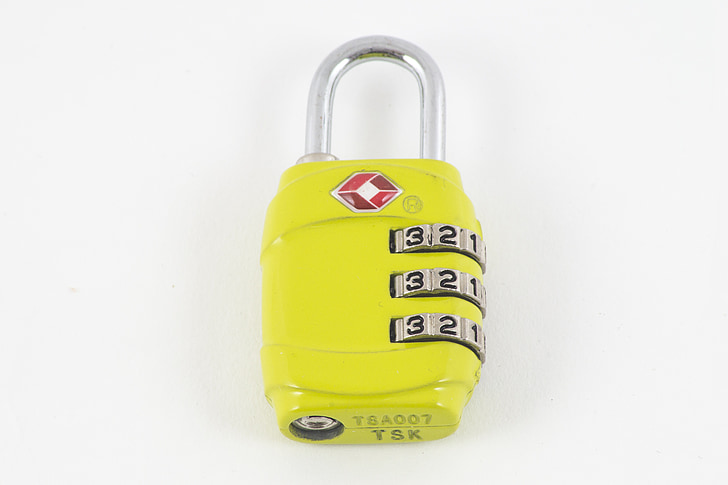 padlock, yellow, lock, combination lock, colors, travel, väsklås