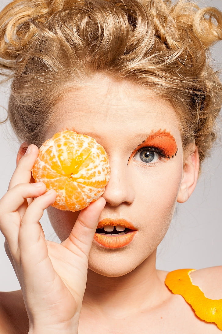woman, orange, fruit, cover, right, eye, beauty