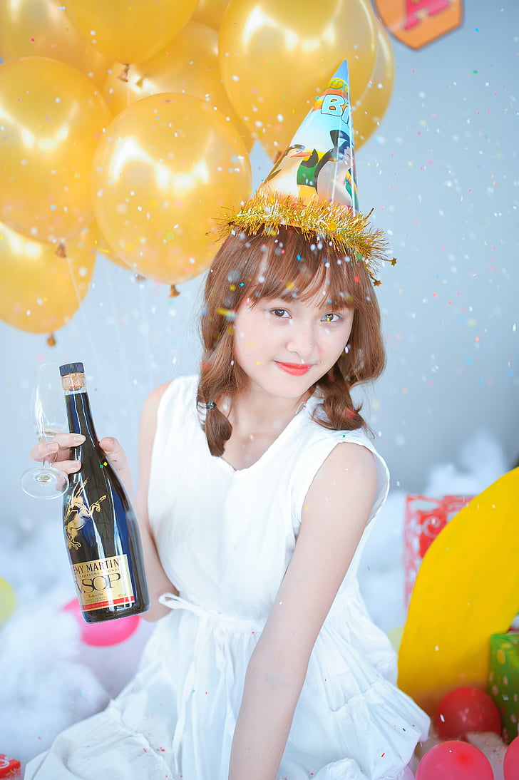 compleanno, Champagne, ragazza, torta, Ballons, felice, giorno