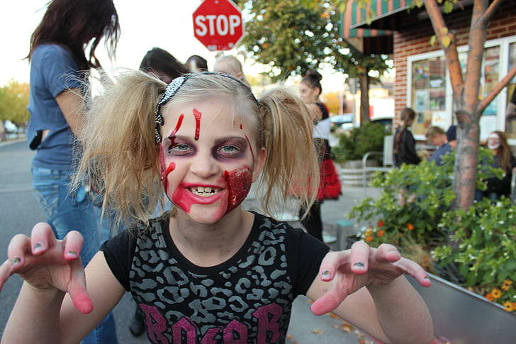 zombie, halloween, face, girl, make-up, young, cute