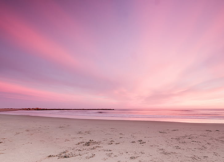 tramonto, spiaggia, il cielo, orizzonte, rosa, vista sul mare, romantica