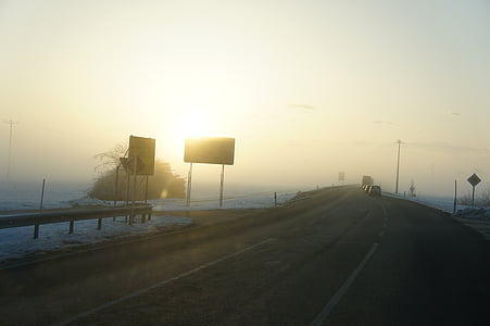 brouillard, matin, route, hiver, nature, signes, soleil du matin