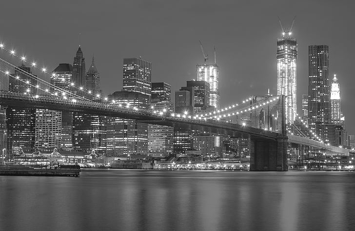 svart, natt, new york, lampor, Bridge, byggnader, skyskrapor