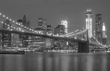 zwart, nacht, New york, verlichting, brug, gebouwen, wolkenkrabbers