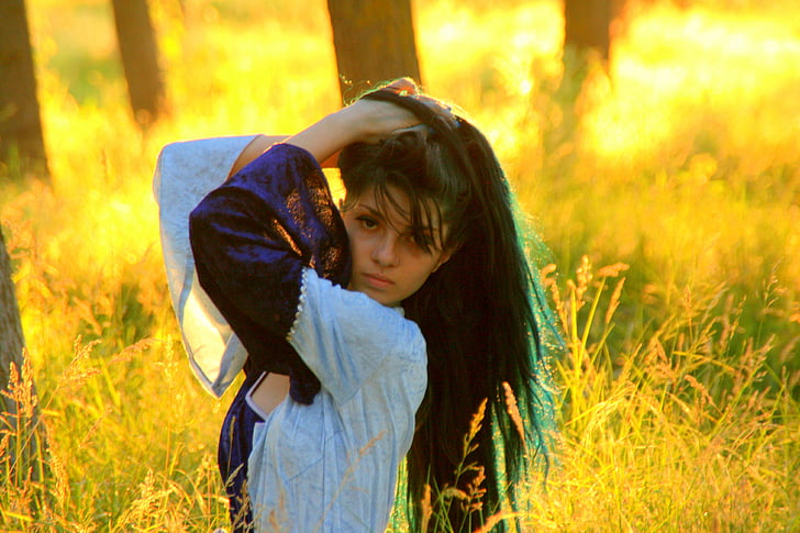 girl, princess, forest, long hair, sunset