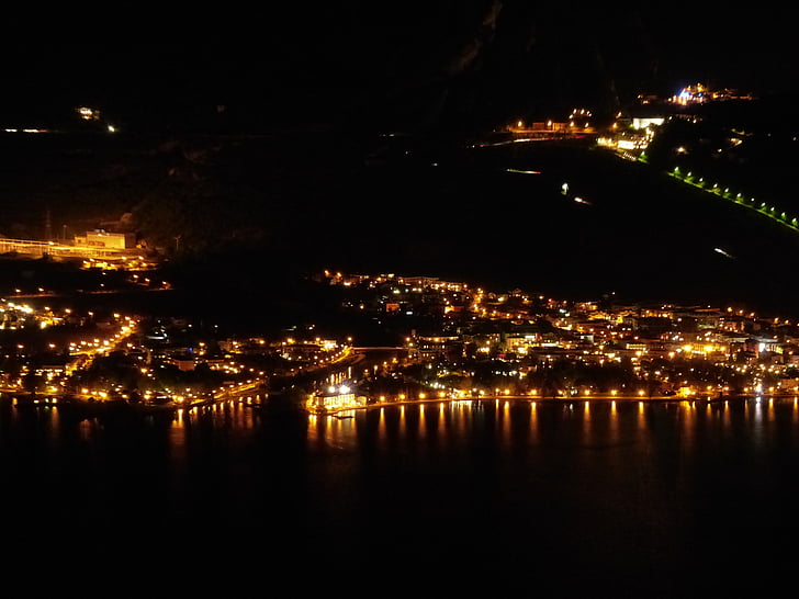 torbole, at night, coast line, illuminated, city, lights, mouth