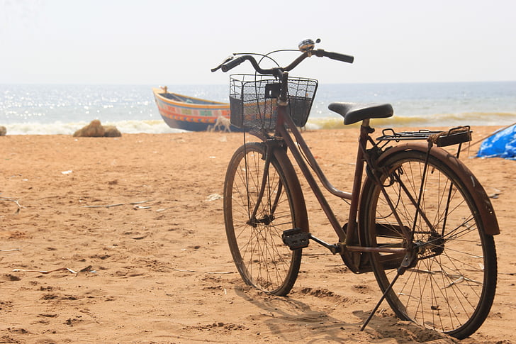 paplūdimys, ciklas, vasaros, jūra, dviratis, smėlio, lauke