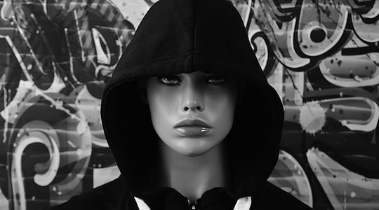 woman, hood, mysterious, graffiti, street art, one person, front view
