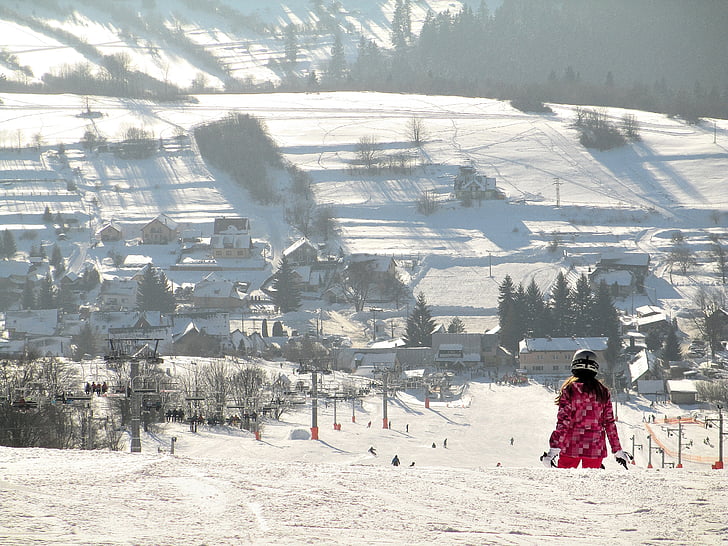 Skiën, winter, tracks, besneeuwde landschap, skiër