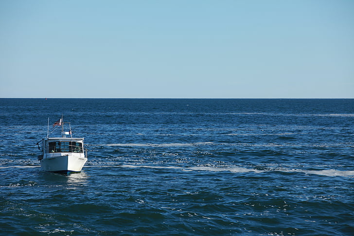 fotografi, putih, perahu motor, air, laut, laut, cakrawala