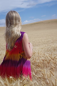 小麦, フィールド, ブルー, ゴールデン, 女の子, 金髪, 作物