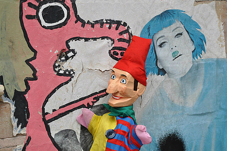 puppet, blue, clown, pink, art, street, wall