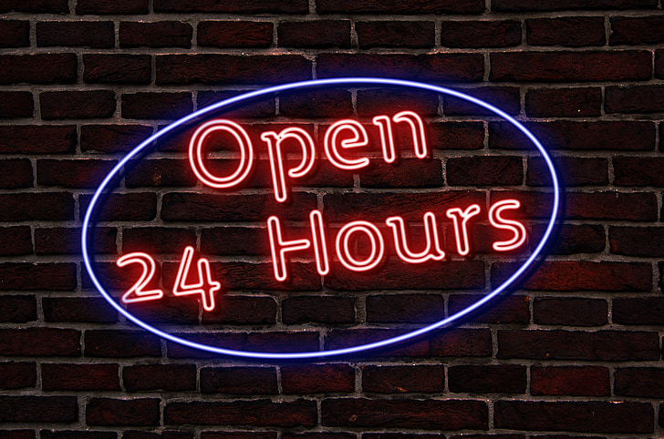 neon, neon sign, the text of the, open, 24 hours, lamp, the effect of