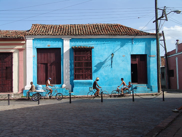 Kuba, cykel, gamla hus, blå huset
