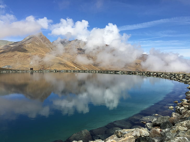 espejado, Lago, nubes, montaña, paisaje, Suiza, reflexión