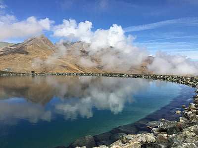 zrkadlenie, jazero, oblaky, Mountain, Príroda, Švajčiarsko, reflexie