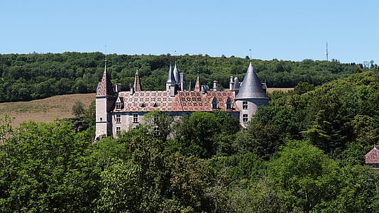 Dvorci, dvorac, u rochepot, u Burgundiji, Francuska, plava, nebo