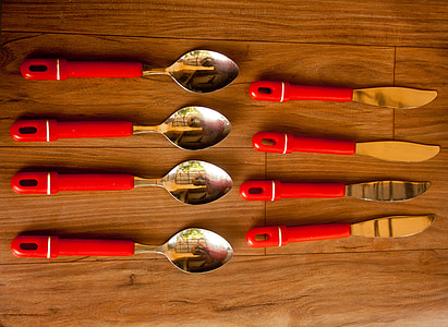 勺子, 刀, 菜肴, 银器, 餐厅, 晚餐, 木材-材料