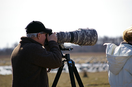 observateurs d’oiseaux, appareil photo, homme, vie en plein air