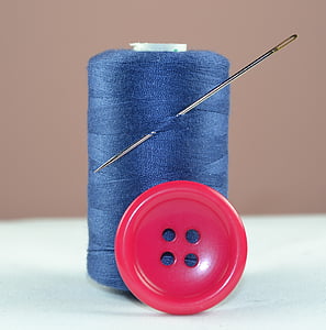 fil, blau, botó, agulla, cosir, bobina de fil, vermell