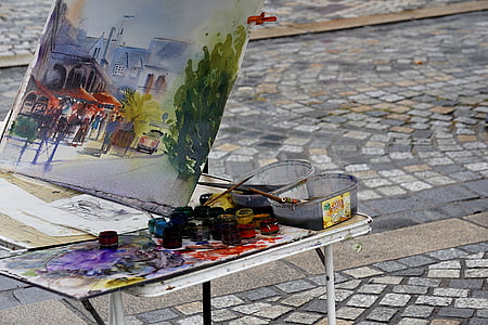 テーブル, 絵画, アーティスト, ストリート アーティスト, アート, 水彩, ストリート