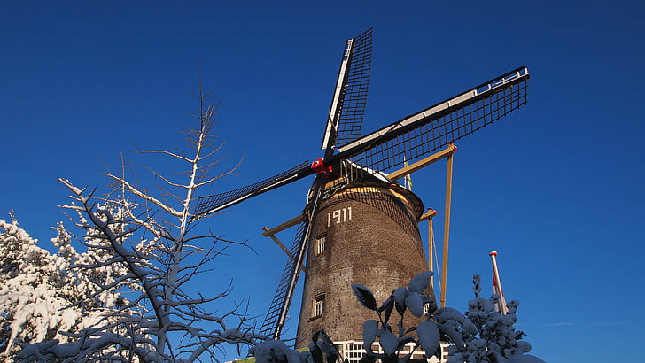 zgodovinski mlin, pozimi, zasneženih, veje, Fijuk, Nizozemska, ze