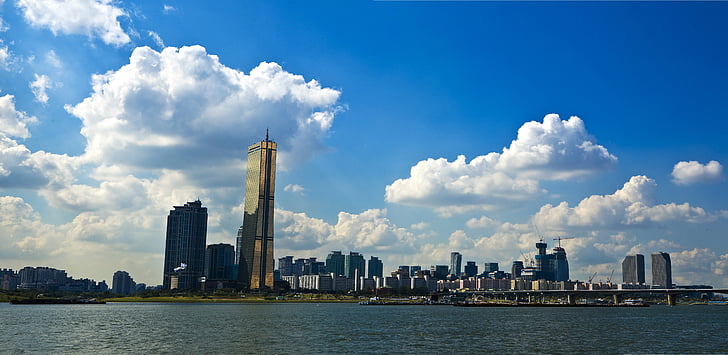 pemandangan, Sungai Han, Seoul, langit, Sungai, awan, bangunan