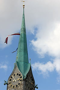 l'església, Suiss, Zurich, rellotge, arquitectura, Torre, cel