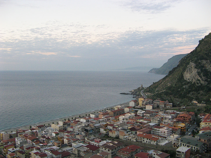 Bagnara calabra, Calabria, mar, país, montaña, Playa, nubes