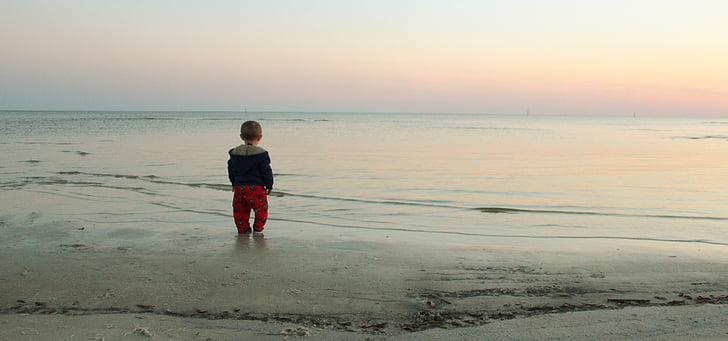 ocean, beach, child, baby, toddler, sunset, sky