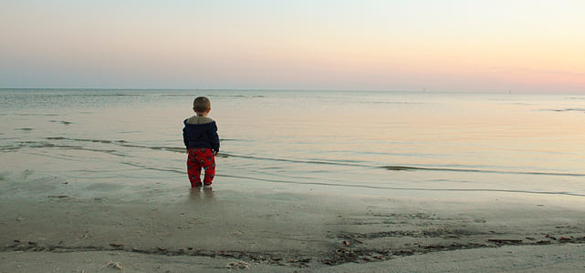 okyanus, plaj, Çocuk, Bebek, yürümeye başlayan çocuk, günbatımı, gökyüzü