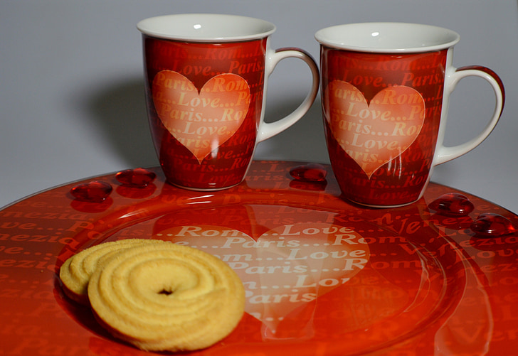 kauss, sirds, romantika, Valentīna diena, galda piederumi, kafijas, mīlu