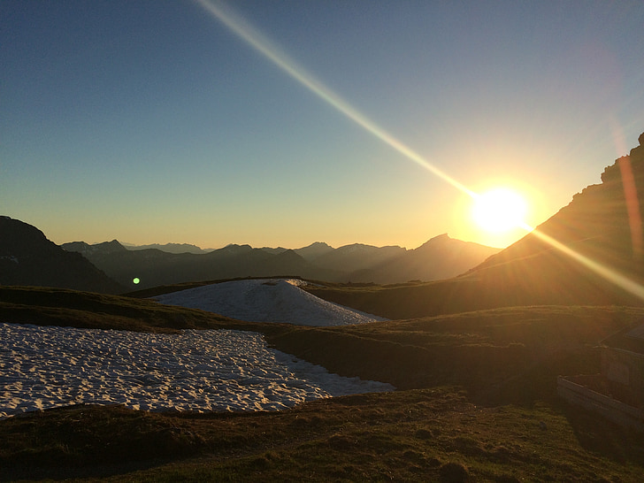 saulriets, kalni, ainava, krēslas stundā, Alpu