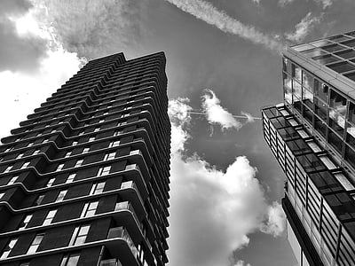 architecture, black-and-white, buildings, city, downtown, low angle shot, perspective