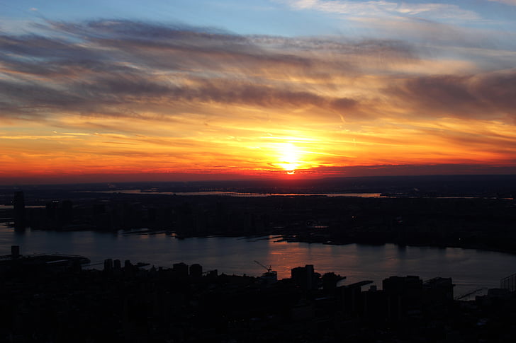 New york, coucher de soleil, ville, Manhattan, rivière, métropole, métropolitaines