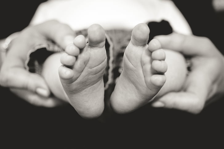 grayscale, photo, baby, s, foot, child, feet