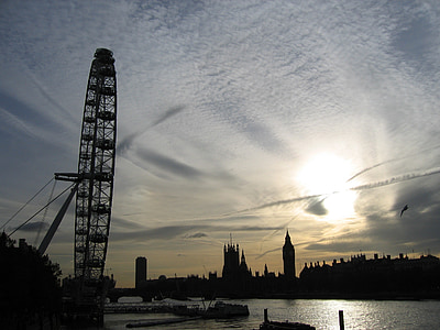 Londyn, London eye, zachód słońca, niebo, Anglia, Thames, Miasto
