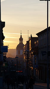 ulica, arhitektura, u centru grada, zalazak sunca, grad, grad, Crkva