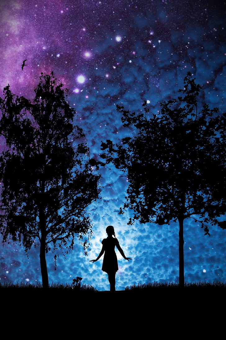 Star, femme, arbres, silhouette, jeune fille, lumière, mystique