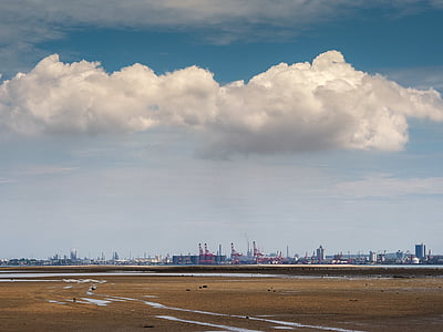hainan, beach, white cloud, industrial, pier, blue sky, white horse wells
