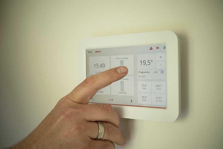 tablet, heating, man, pointing, manual, technology, person