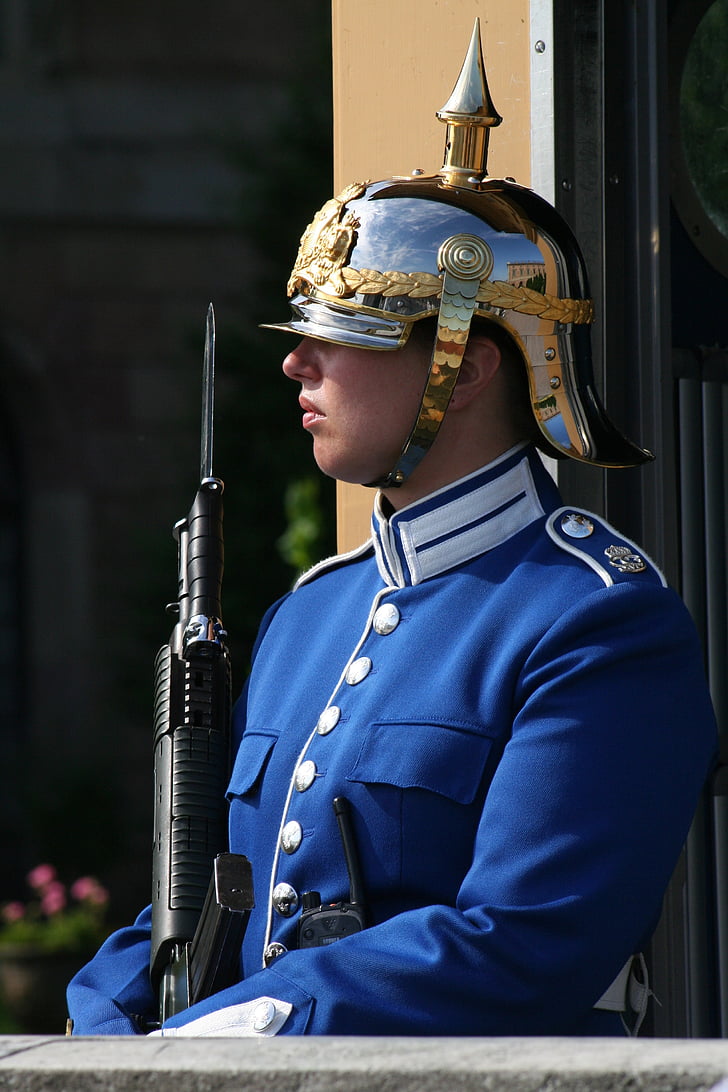 Sentinela, guarda, Estocolmo, Suécia, capacete, uma pessoa, proteção